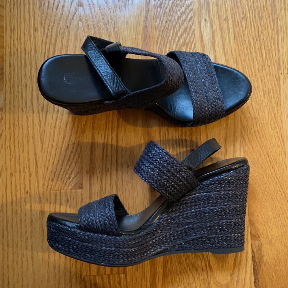 Eric Michael black woven raffia wedge sandal 7